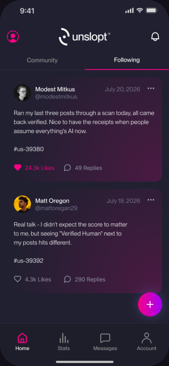 Unslopt Following feed with verified human posts