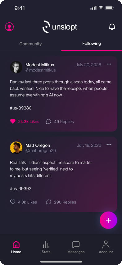 Unslopt Following feed with verified real person posts